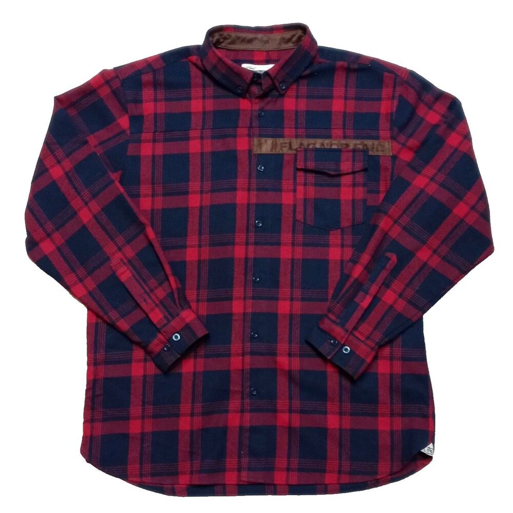 Flag Nor Fail Shirt Men XL Red Plaid Flannel Long Sleeve Button Up Outdoor